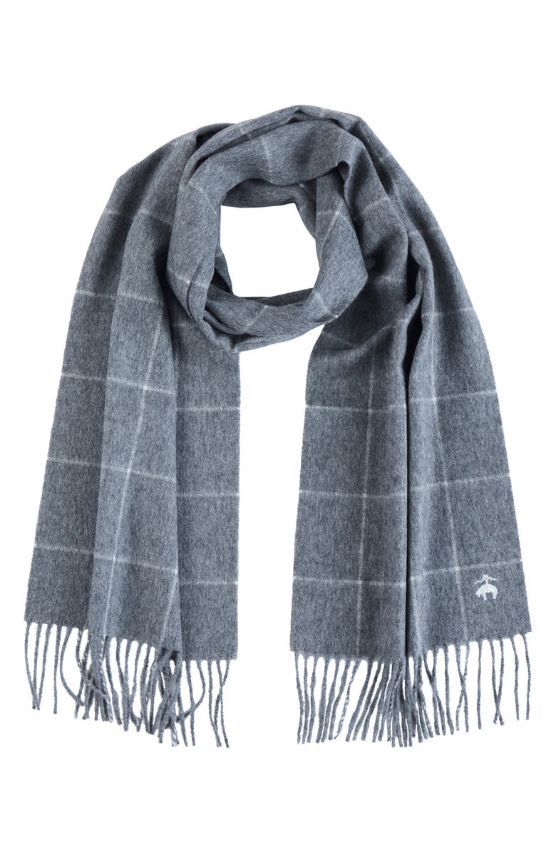 Brooks Brothers Windowpane Wool & Cashmere Blend Fringe Scarf, Alternate, color, Charcoal