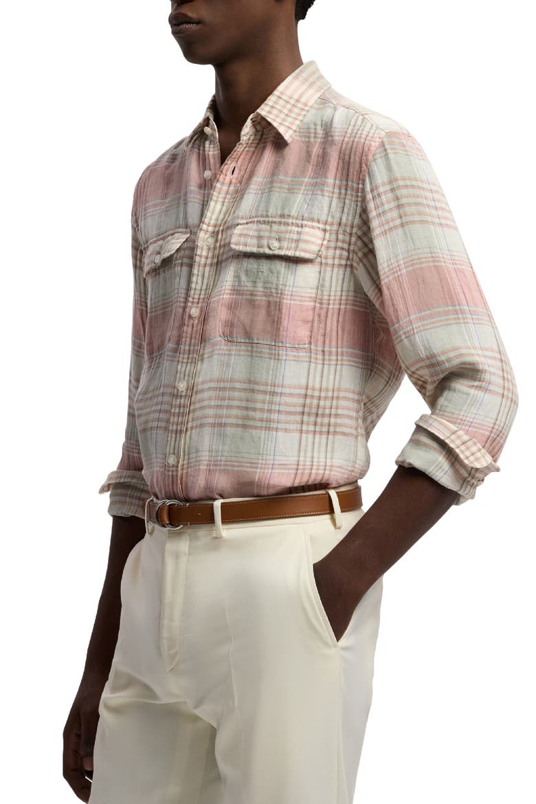 Plaid Linen Button-Up Shirt, Alternate, color, RASPBERRY