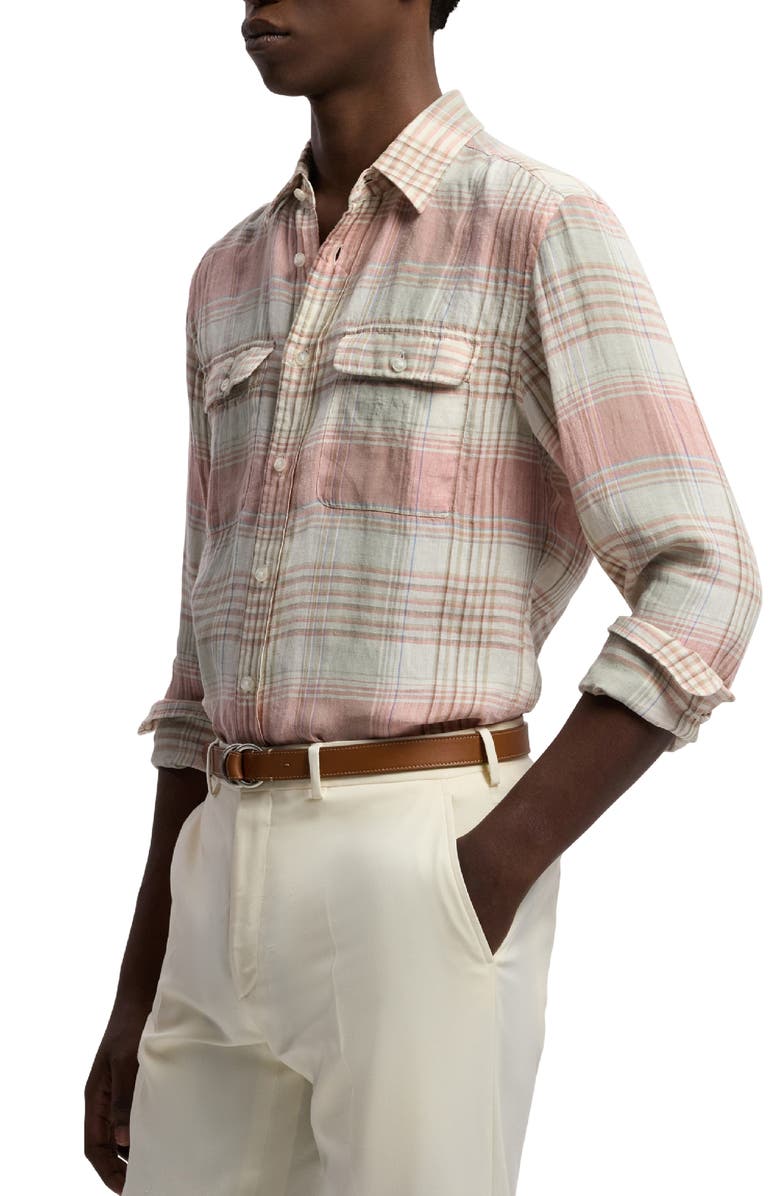 Ralph Lauren Purple Label Plaid Linen Button-Up Shirt, Alternate, color, Raspberry