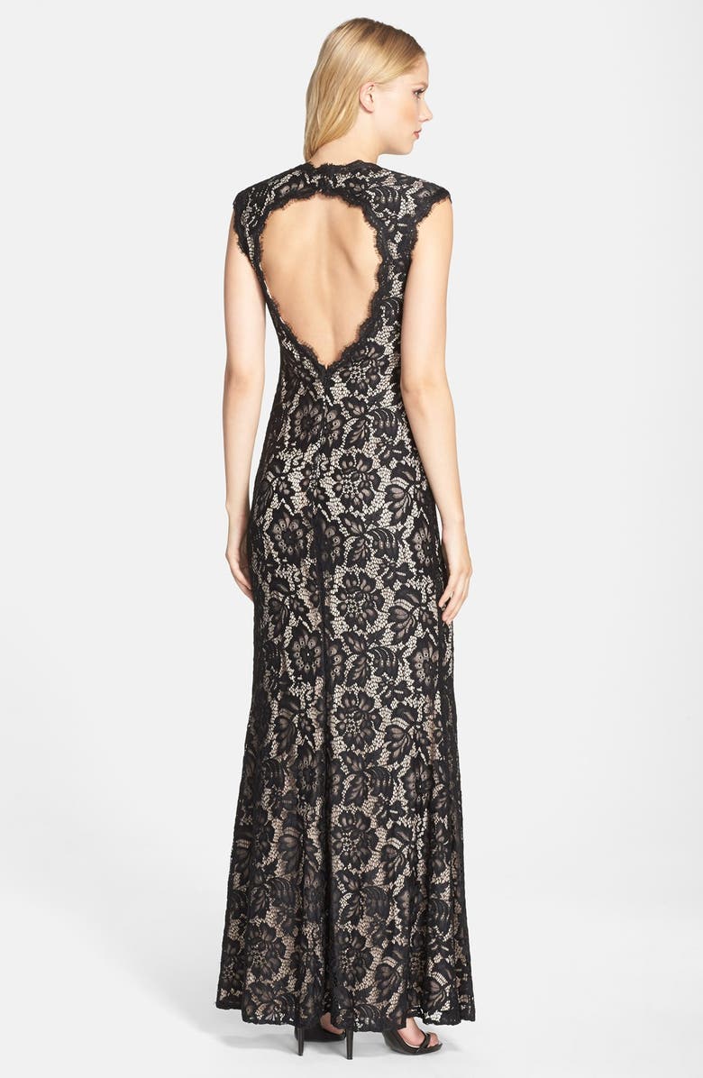 Betsy & Adam Illusion V-Neck Lace Trumpet Gown, Alternate, color, 