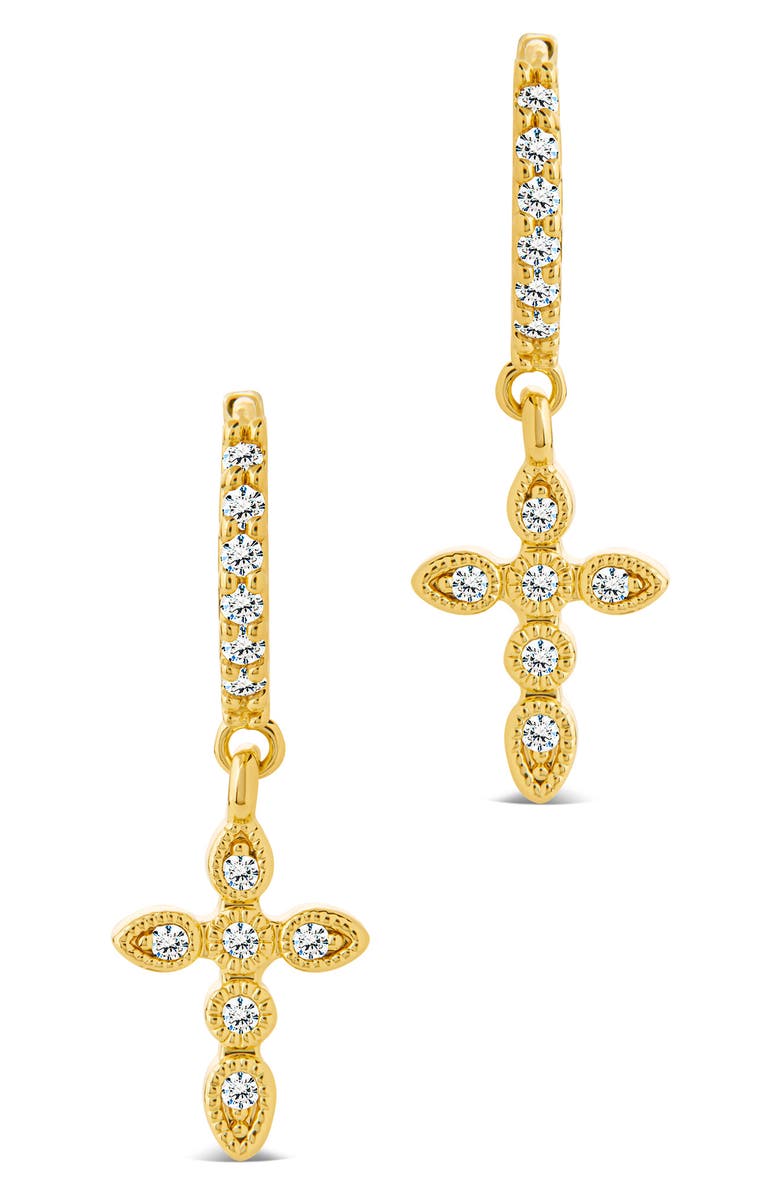 Sterling Forever Cross Drop Hoop Earrings, Alternate, color, Gold