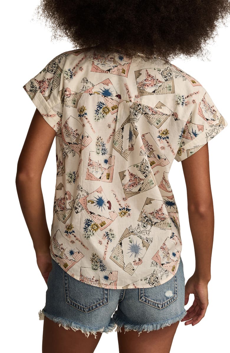 Lucky Brand Postcard Print Short Sleeve Cotton Button-Up Shirt, Alternate, color, Cream Postcard Print