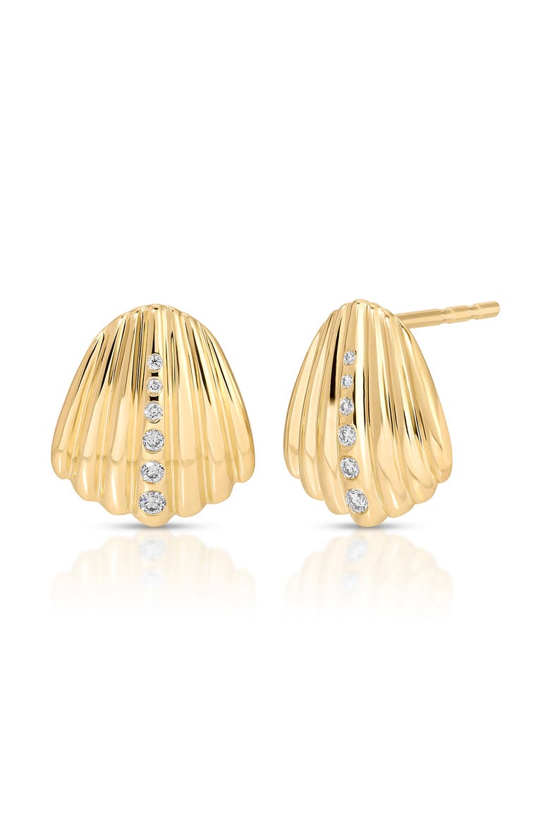 Diamond Shell Stud Earrings, Main, color, 14K YELLOW GOLD / DIAMOND