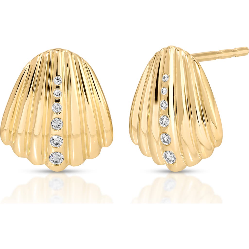 Ef Collection 14k Yellow Gold Diamond Shell Stud Earrings In Gold