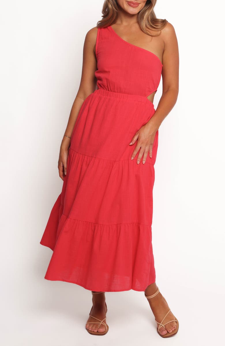 Petal & Pup Teresa One-Shoulder Cutout Cotton Midi Dress, Main, color, Red
