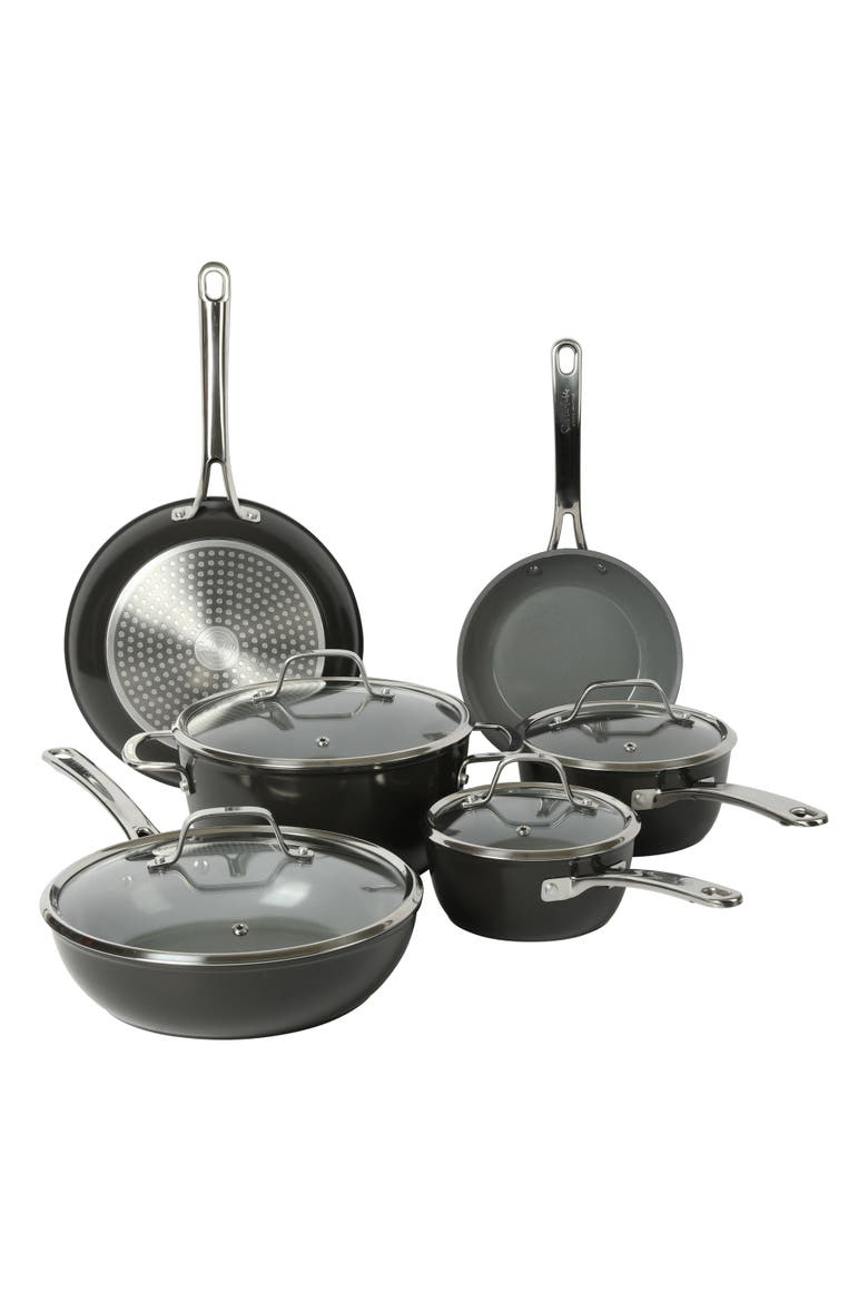 Titanium Ceramic Nonstick Forged Aluminum Cookware Pots & Pans Set with Tempered Glass Lids, Main, color, Black