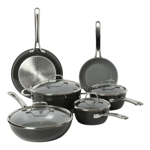Titanium Ceramic Nonstick Forged Aluminum Cookware Pots & Pans Set with Tempered Glass Lids