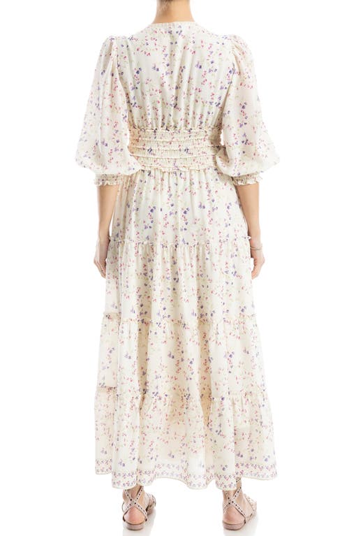 Max Studio Surplice Smocked Waist Dress In Ecru/pink Sweetpea Swirls