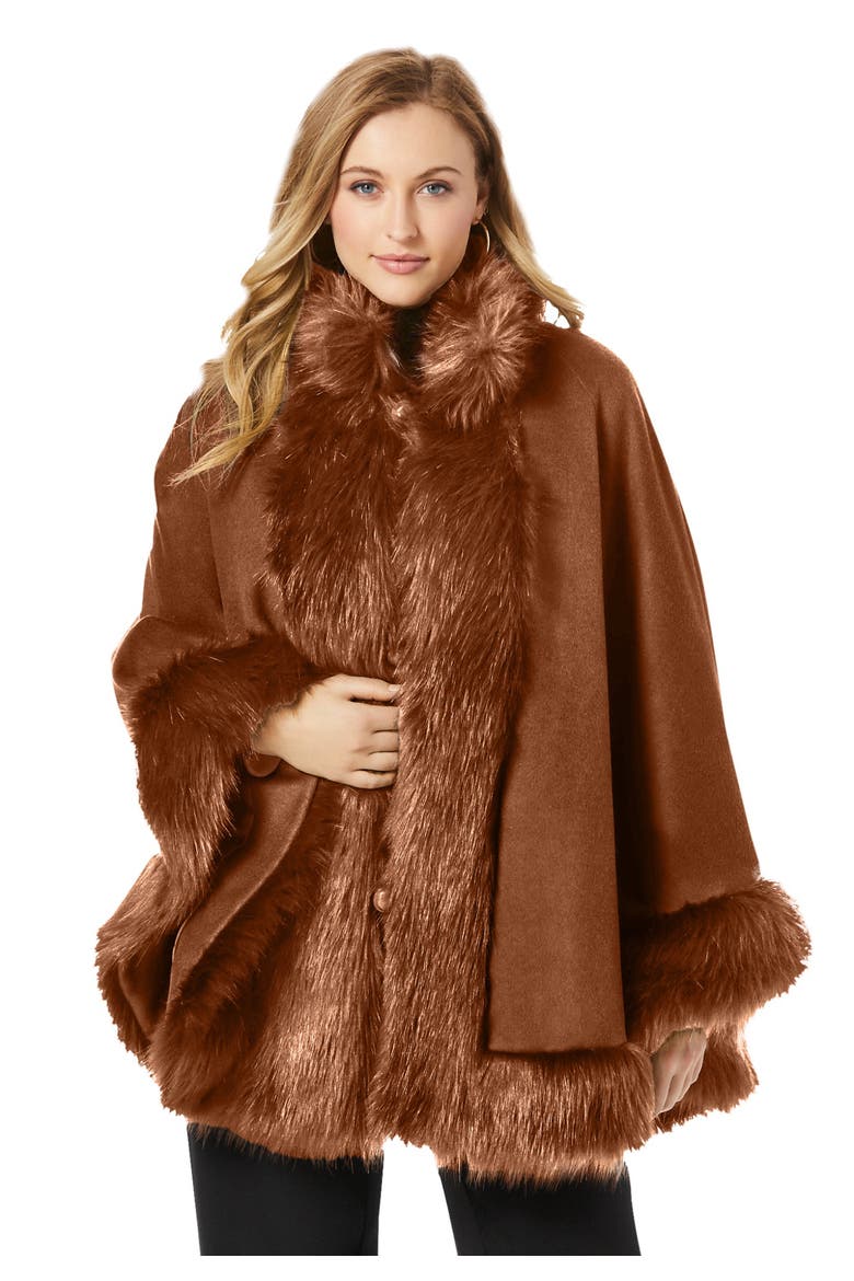 Faux Fur Trim Wool Cape, Main, color, COGNAC