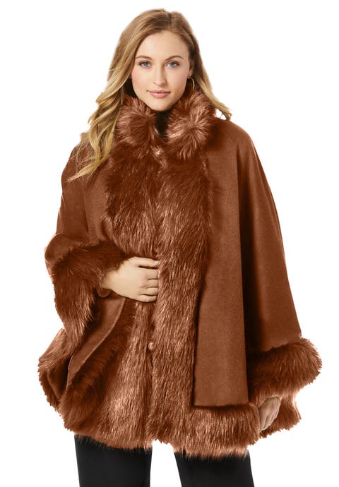 Faux Fur Trim Wool Cape (Plus)