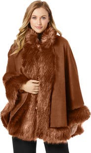 Jessica London Faux Fur Trim Wool Cape