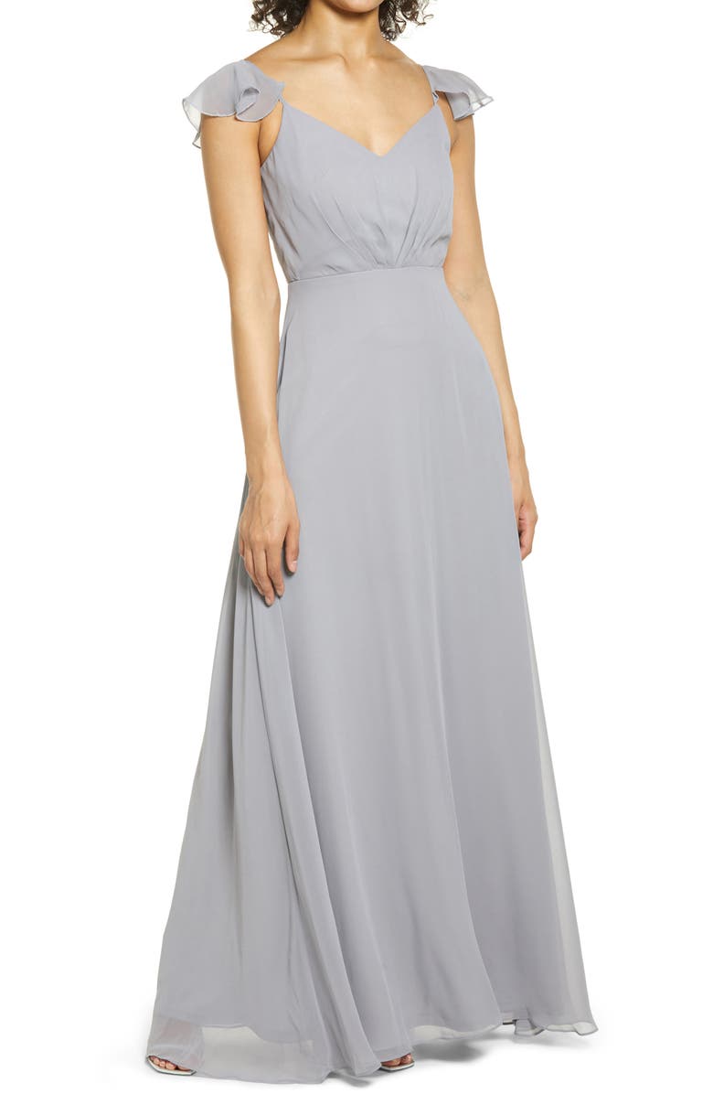 BIRDY GREY Flutter Sleeve Chiffon Gown, Main, color, 