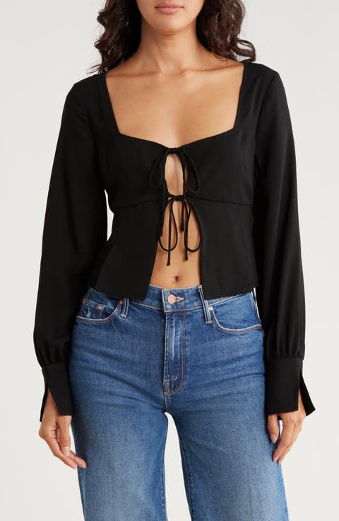 Tie Front Crepe Long Sleeve Top