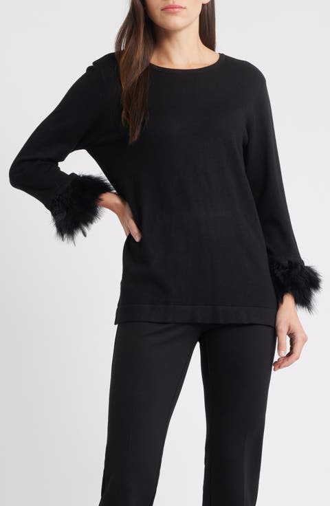 Feather Cuff Long Sleeve Knit Top (Regular & Petite)
