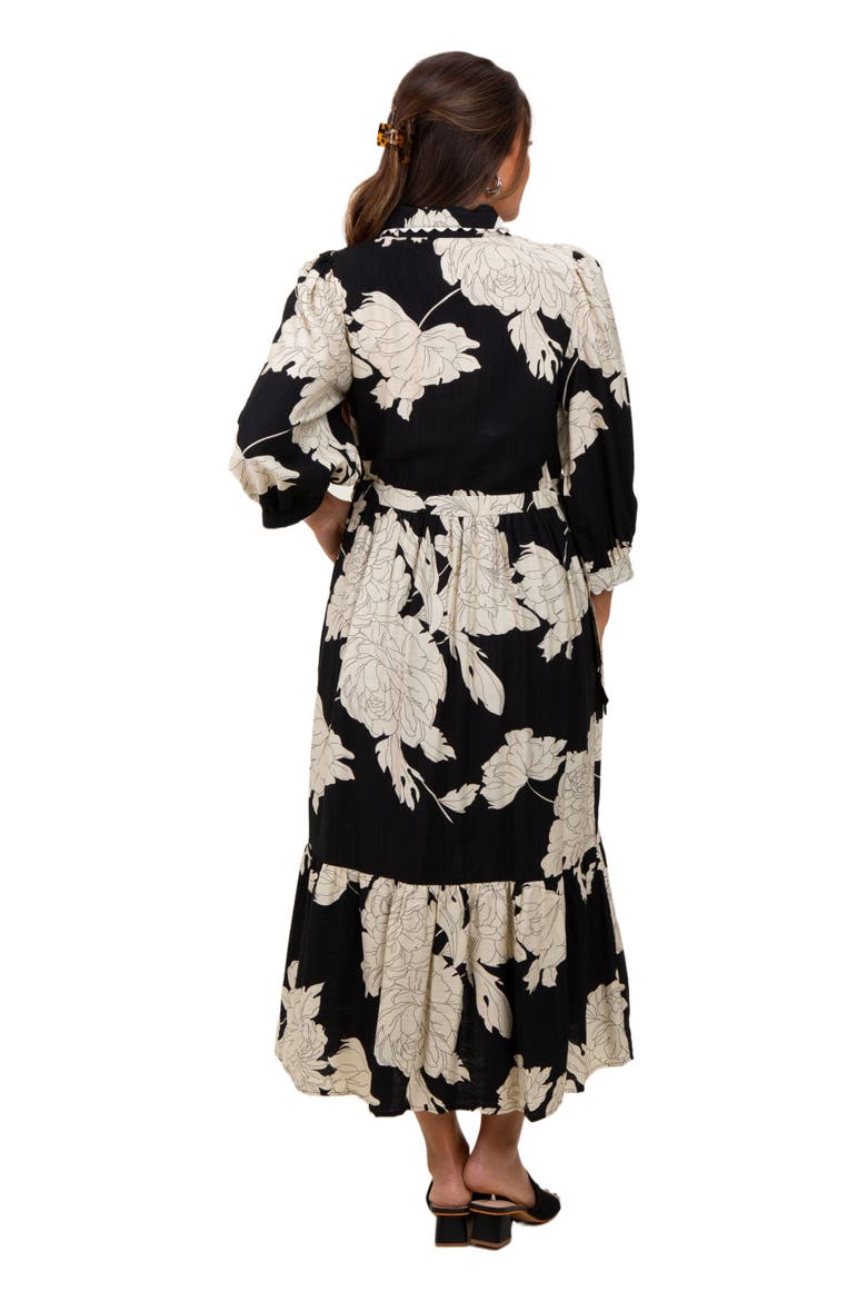 Floral Print Cinched Tie Waist Shirt Dress, Alternate, color, Black