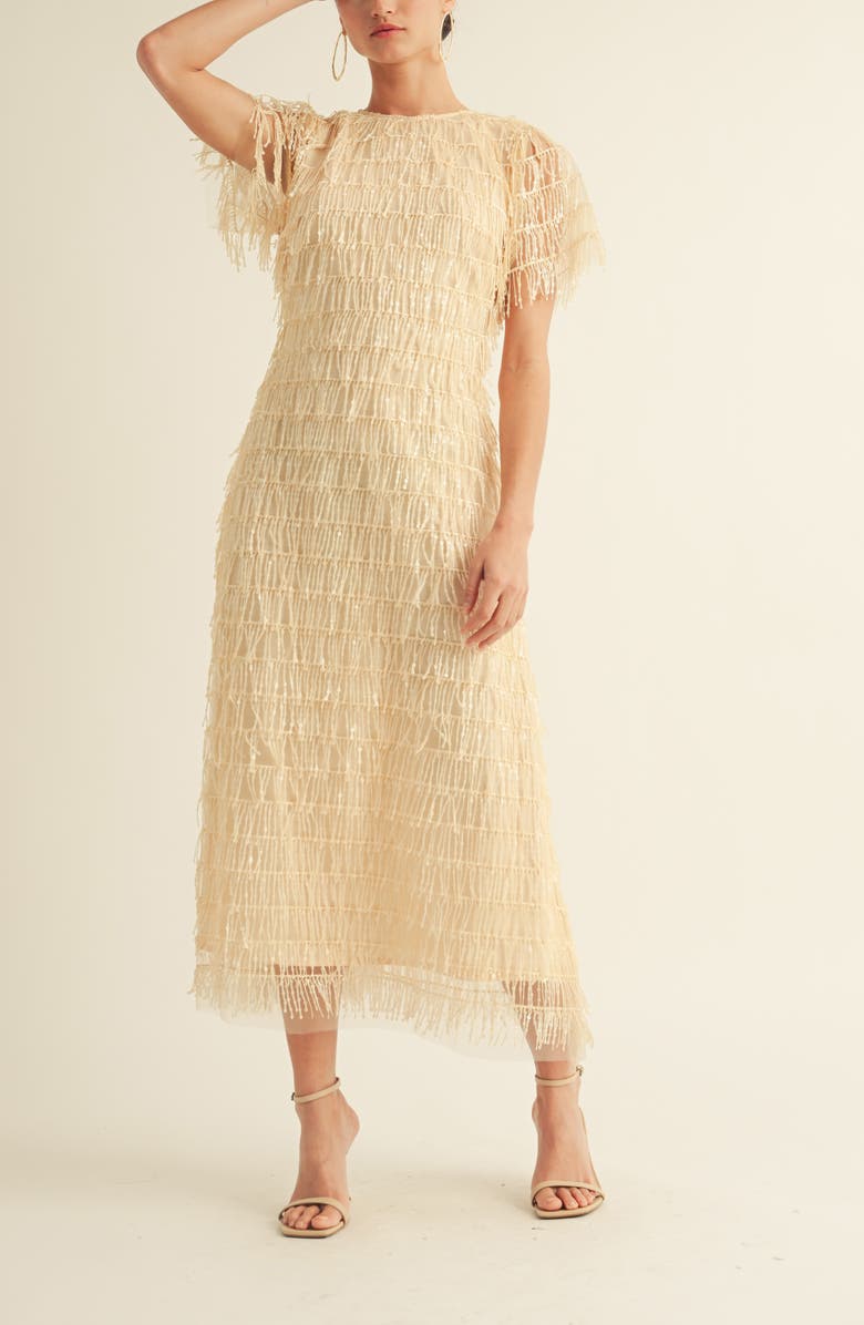 Arose Studio Treazure Sequin Fringe Cocktail Midi Dress, Alternate, color, Champagne