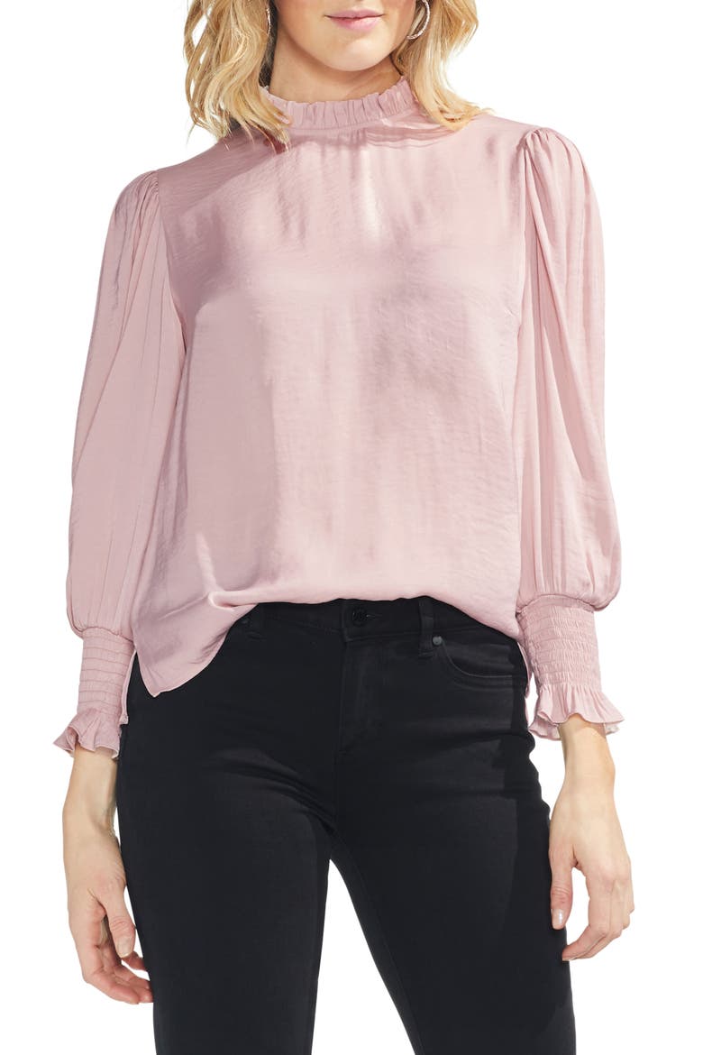 Ruffle Neck Satin Blouse, Main, color, LUSTRE PINK