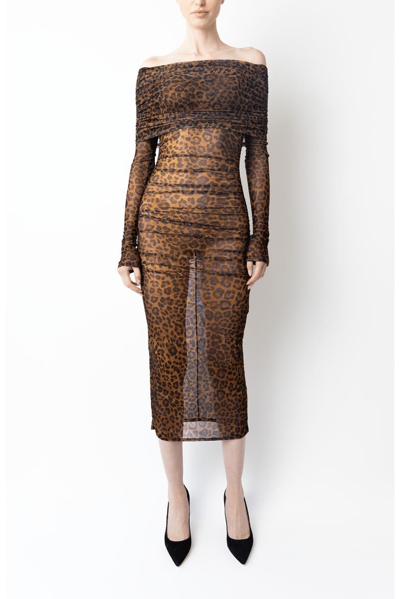 Printed Mesh Off Shoulder Midi Dress, Main, color, Leopard