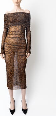 LAPOINTE Printed Mesh Off Shoulder Midi Dress