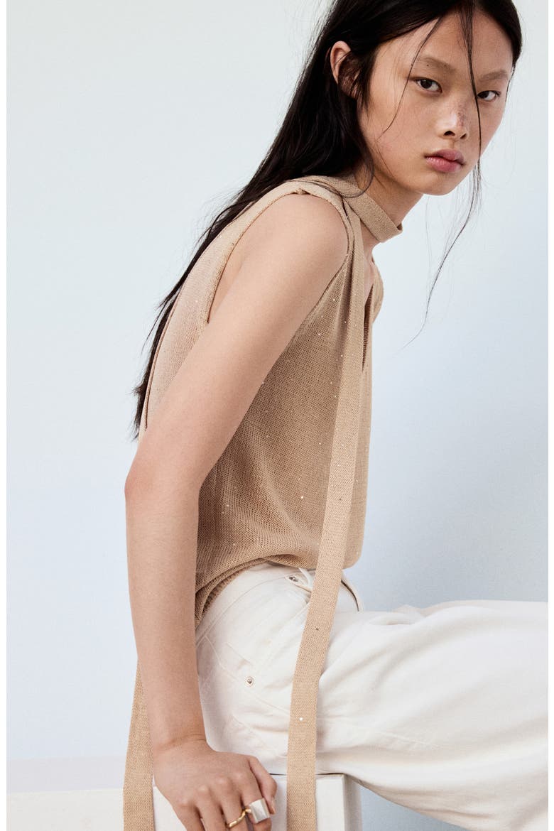 Sequin V-Neck Sweater, Alternate, color, SAND