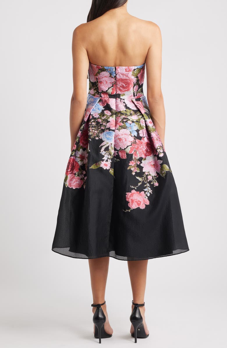 Eliza J Pleated Strapless Jacquard Cocktail Dress, Alternate, color, Black Multi