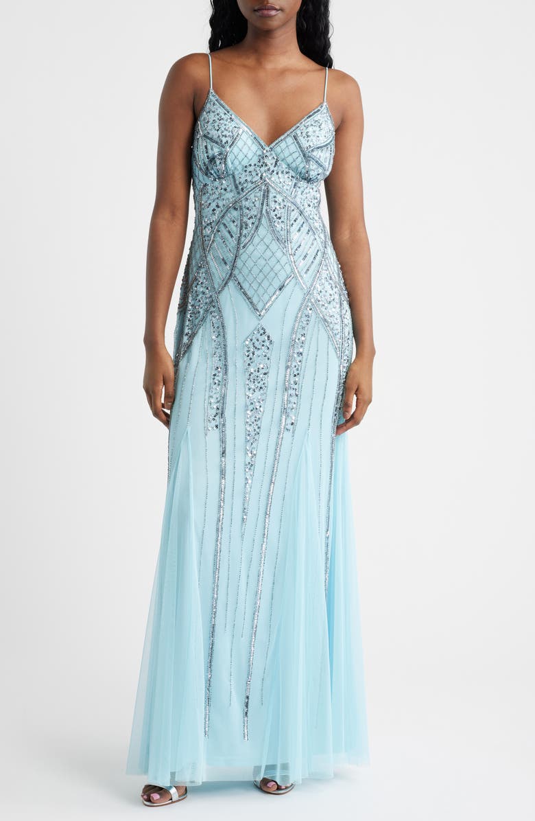 Jump Apparel Beaded A-Line Gown, Main, color, Aqua
