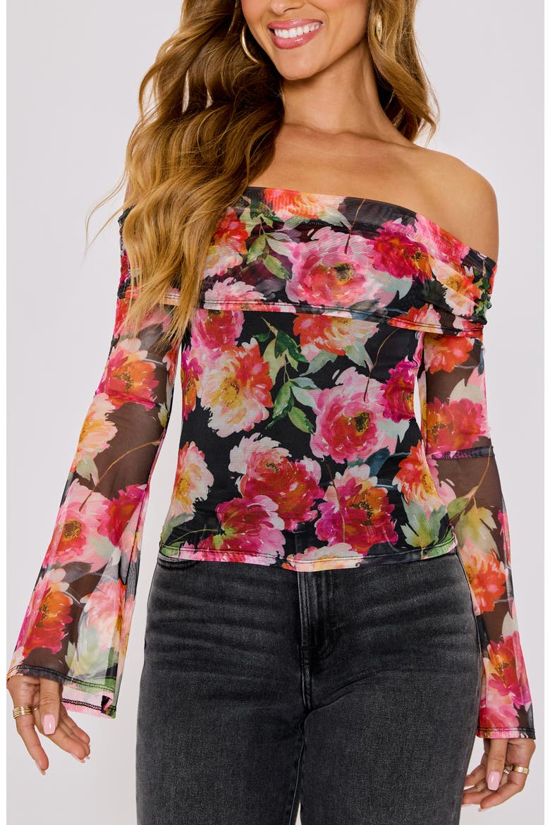 Nikki Floral Print Off the Shoulder Mesh Top, Main, color, BLACK FLORAL