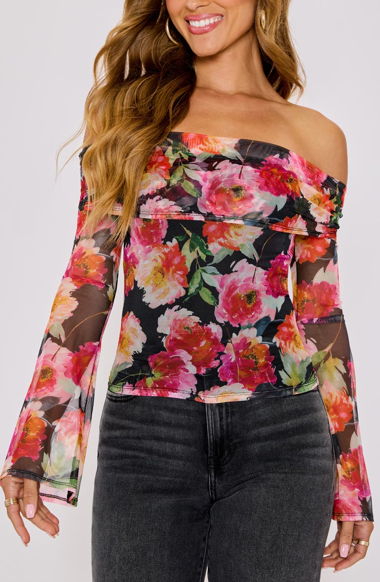 VICI Collection Nikki Floral Print Off the Shoulder Mesh Top, Main, color, Black Floral