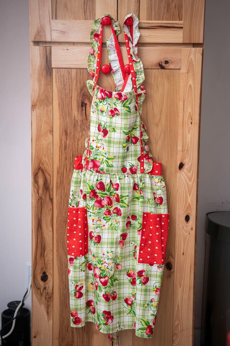 Strawberry Gingham Ruffle Apron, Alternate, color, Green