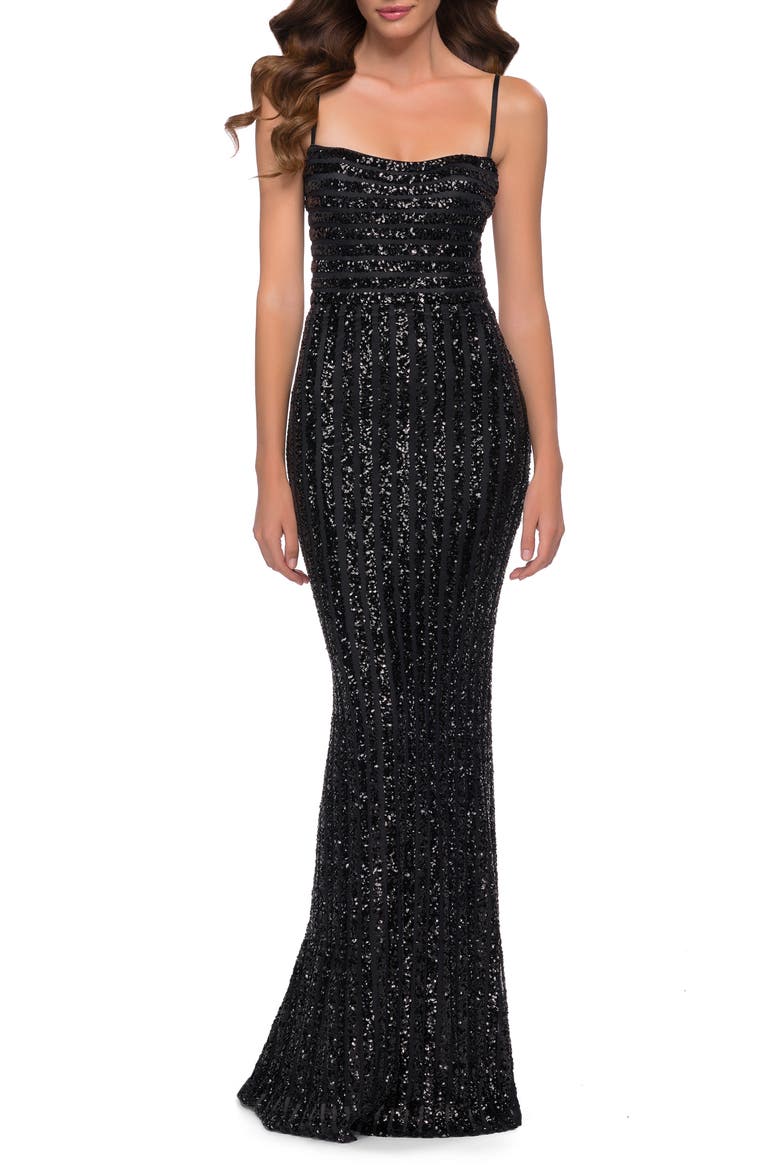 Modern Gown with Thick Line Sequin Fabric, Main, color, BLACK