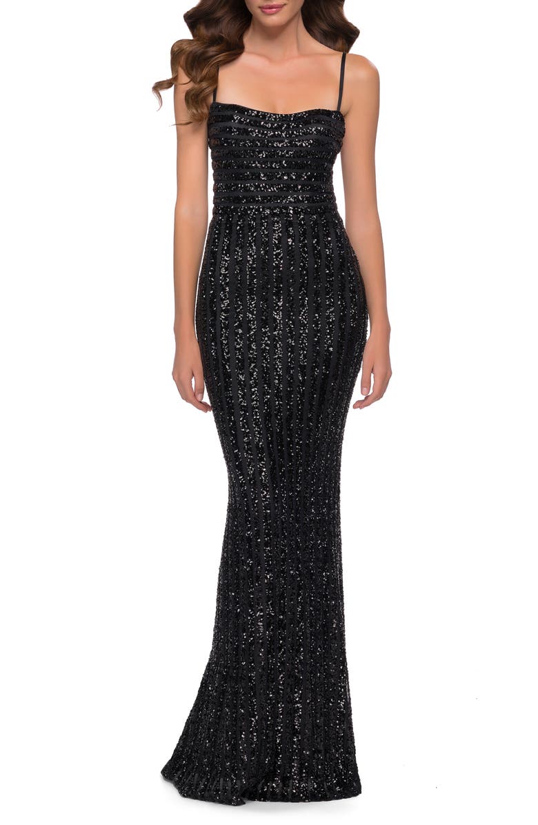 La Femme Stripe Pattern Sequin Evening Gown, Main, color,