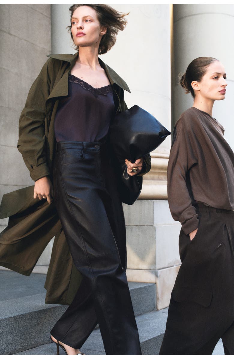 H&M Barrel-leg Coated Trousers, Alternate, color, Dark Brown