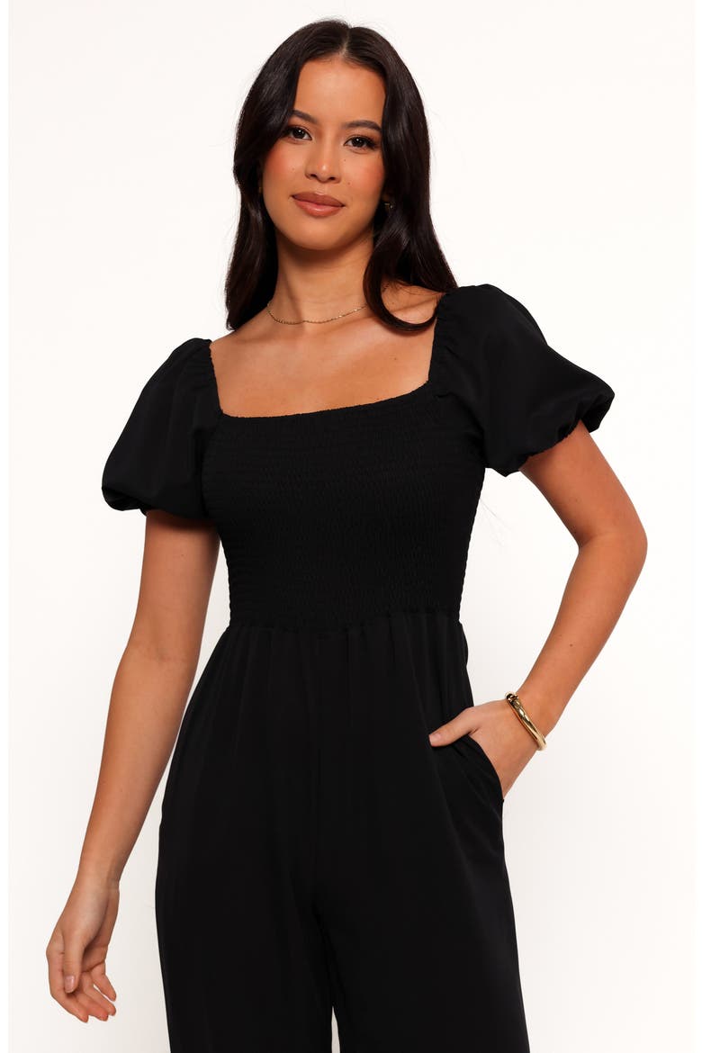 Jolene Smocked Puff Sleeve Jumpsuit, Alternate, color, BLACK