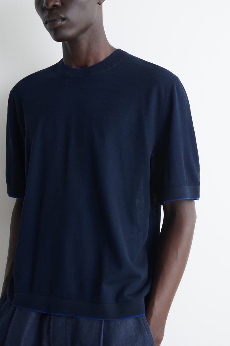 Layered Knitted Cotton T-shirt, Alternate, color, NAVY / COBALT BLUE