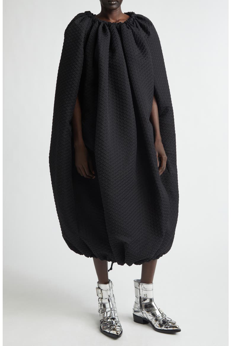 Gathered Diamond Jacquard Cocoon Dress, Main, color, BLACK