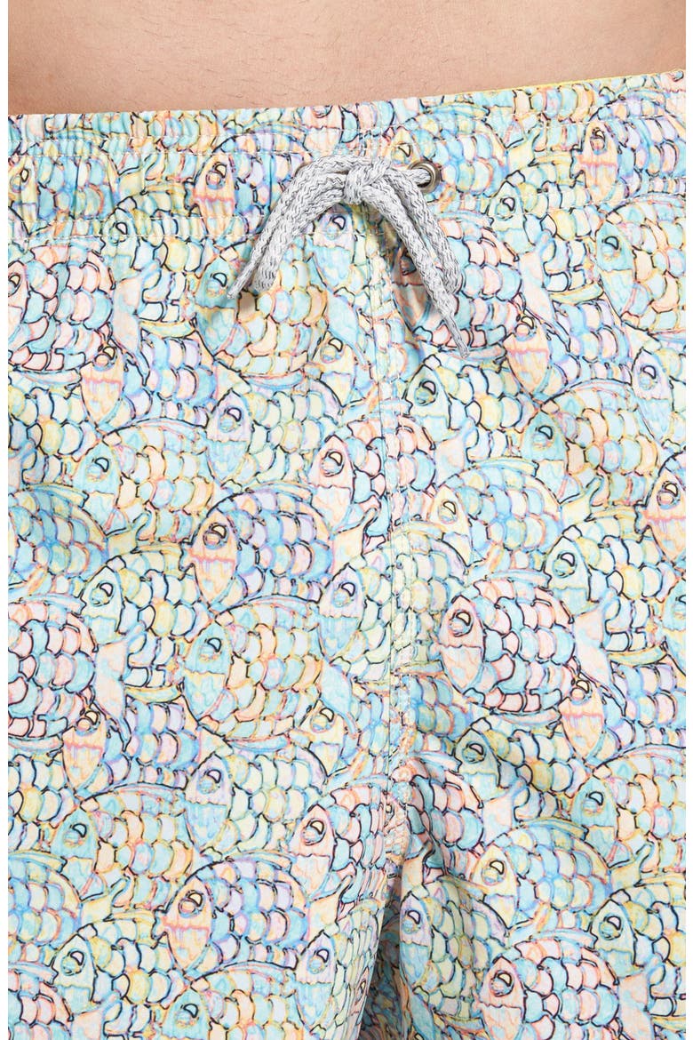 'Abstract Fish' Print Swim Trunks, Alternate, color, YELLOW