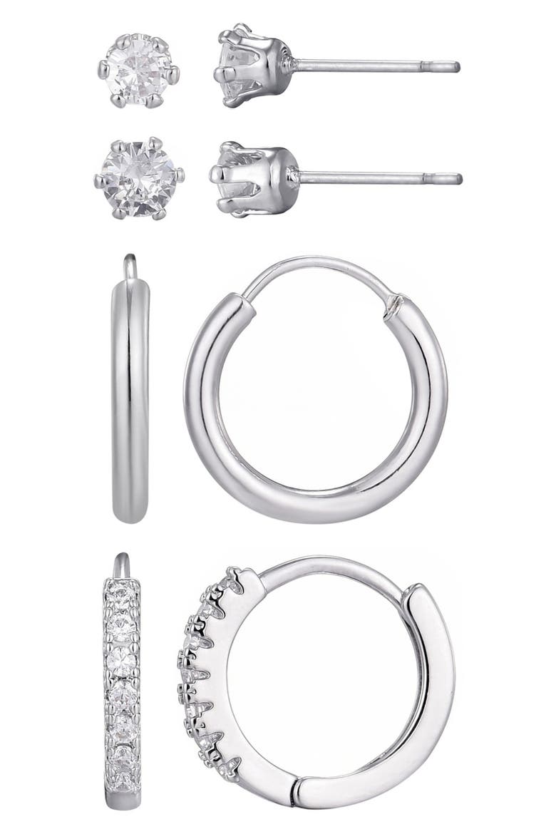 Set of 3 Cubic Zirconia Stud & Hoop Earrings, Main, color, SILVER