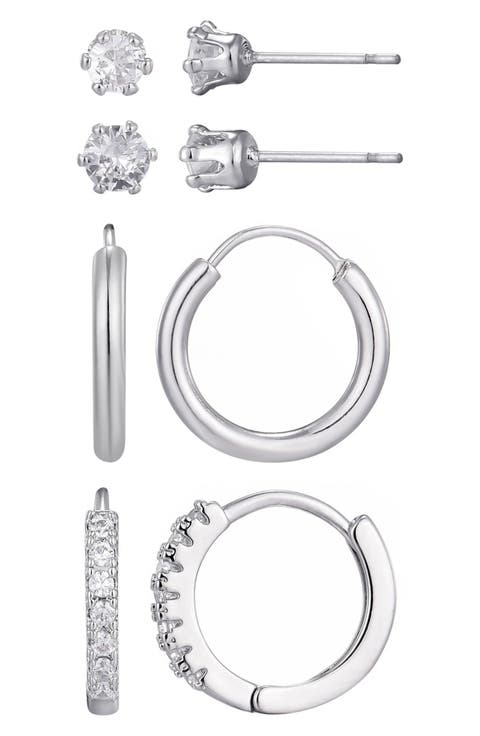 Set of 3 Cubic Zirconia Stud & Hoop Earrings