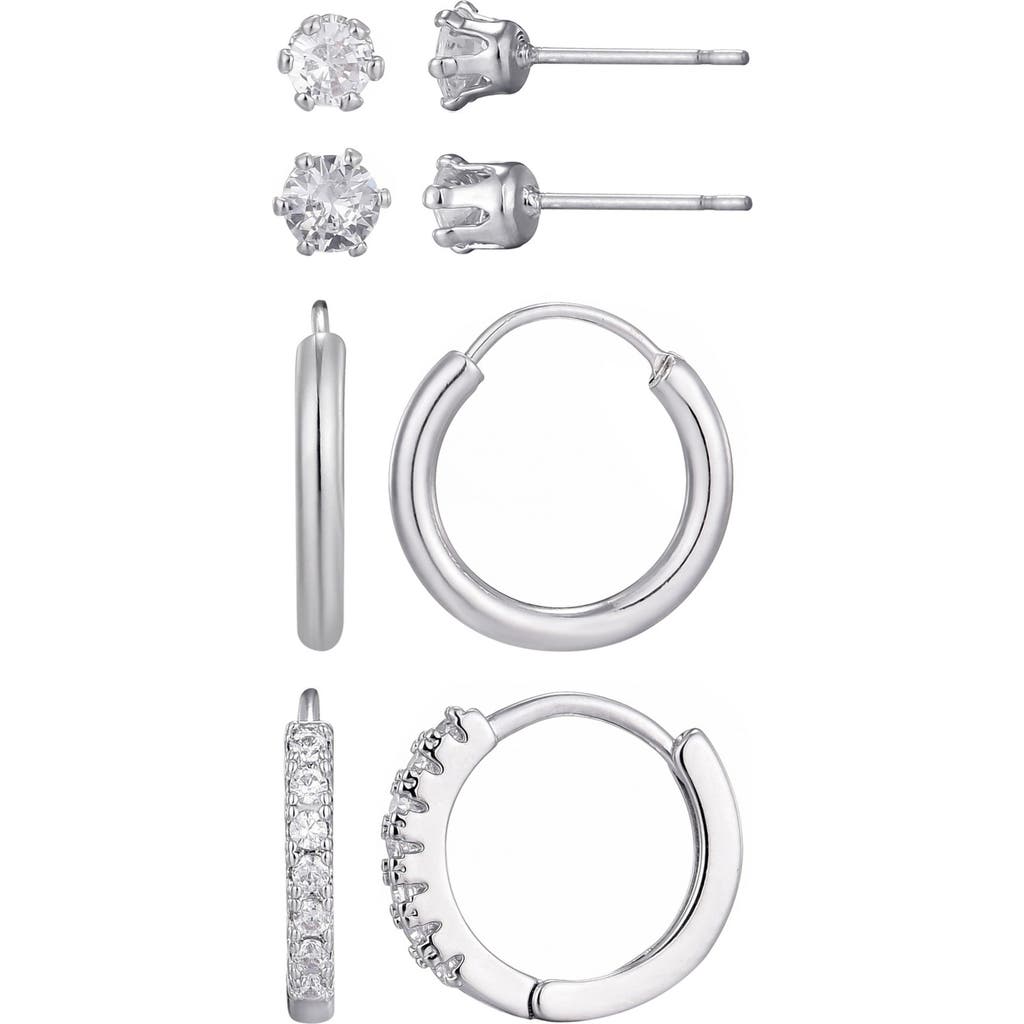 Adornia Set Of 3 Cubic Zirconia Stud & Hoop Earrings In Silver