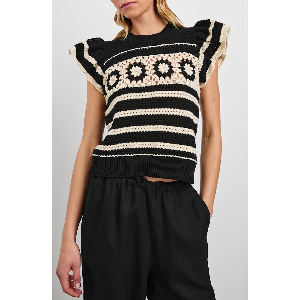 Rails Penelope Short Sleeve Open Stitch Sweater In Black Ivory Stripe
