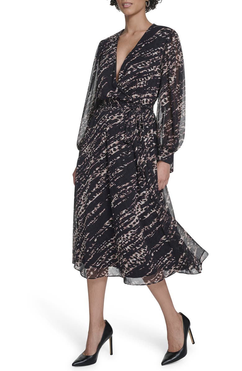 Calvin Klein Long Sleeve Chiffon A-Line Midi Dress, Alternate, color, Black Multi