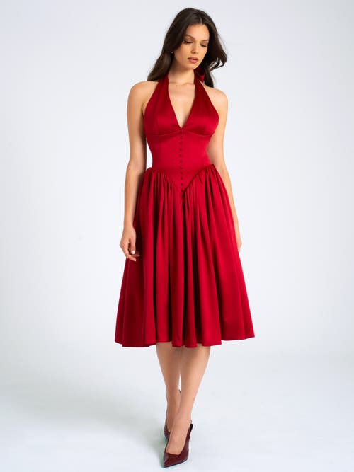Miss Circle Cara Plunging Halter Backless Maxi Dress In Burgundy