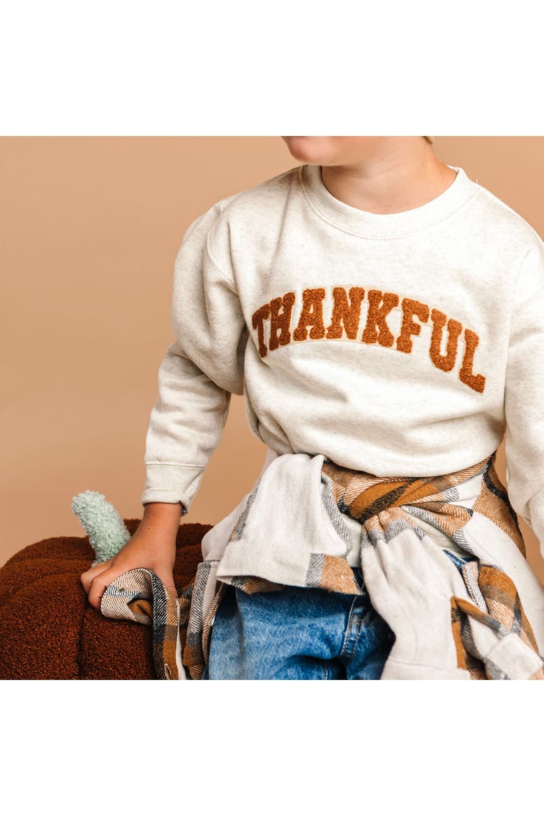 Thankful Patch Varsity Thanksgiving Sweatshirt, Alternate, color, Natural