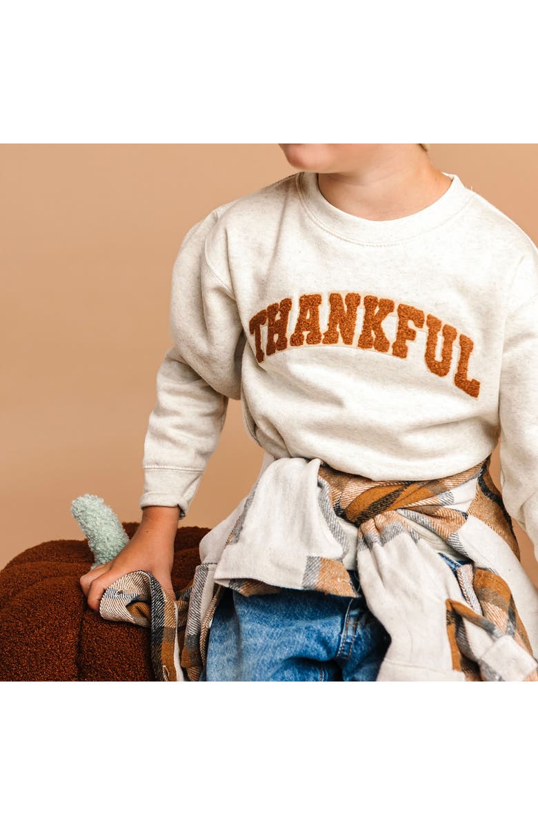 Sweet Wink Thankful Patch Varsity Thanksgiving Sweatshirt, Alternate, color, Natural