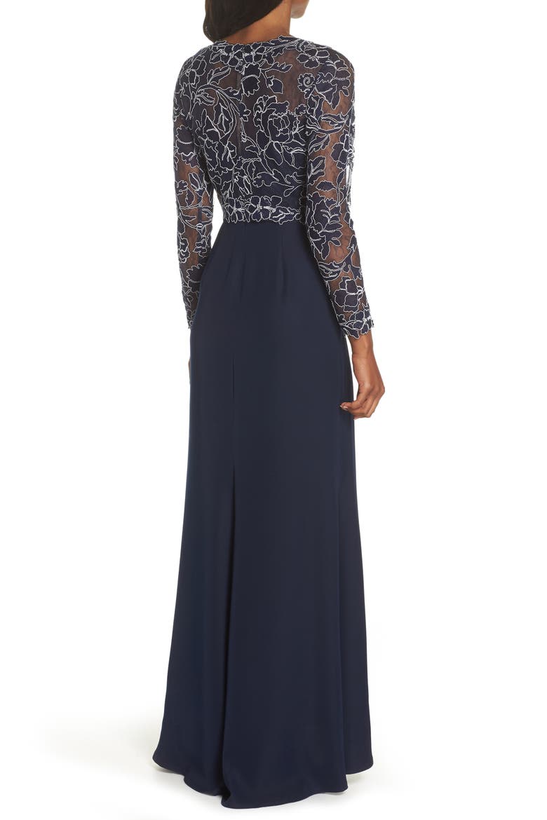 Crepe & Embroidered Lace Gown, Alternate, color, NAVY/ IVORY