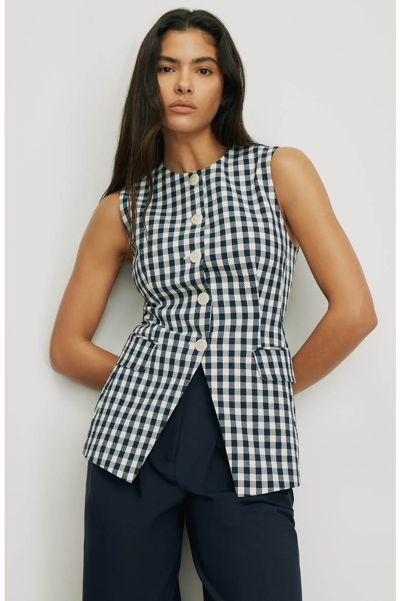 Lois Stretch Cotton Gingham Vest, Alternate, color, NAVY/ DOVE