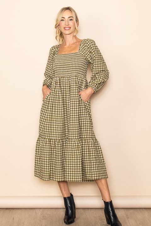 Gingham Long Sleeve Midi Dress