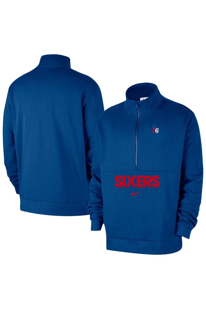 Men's Nike Blue Philadelphia 76ers Courtside Club Half-Zip Jacket, Main, color, Blue
