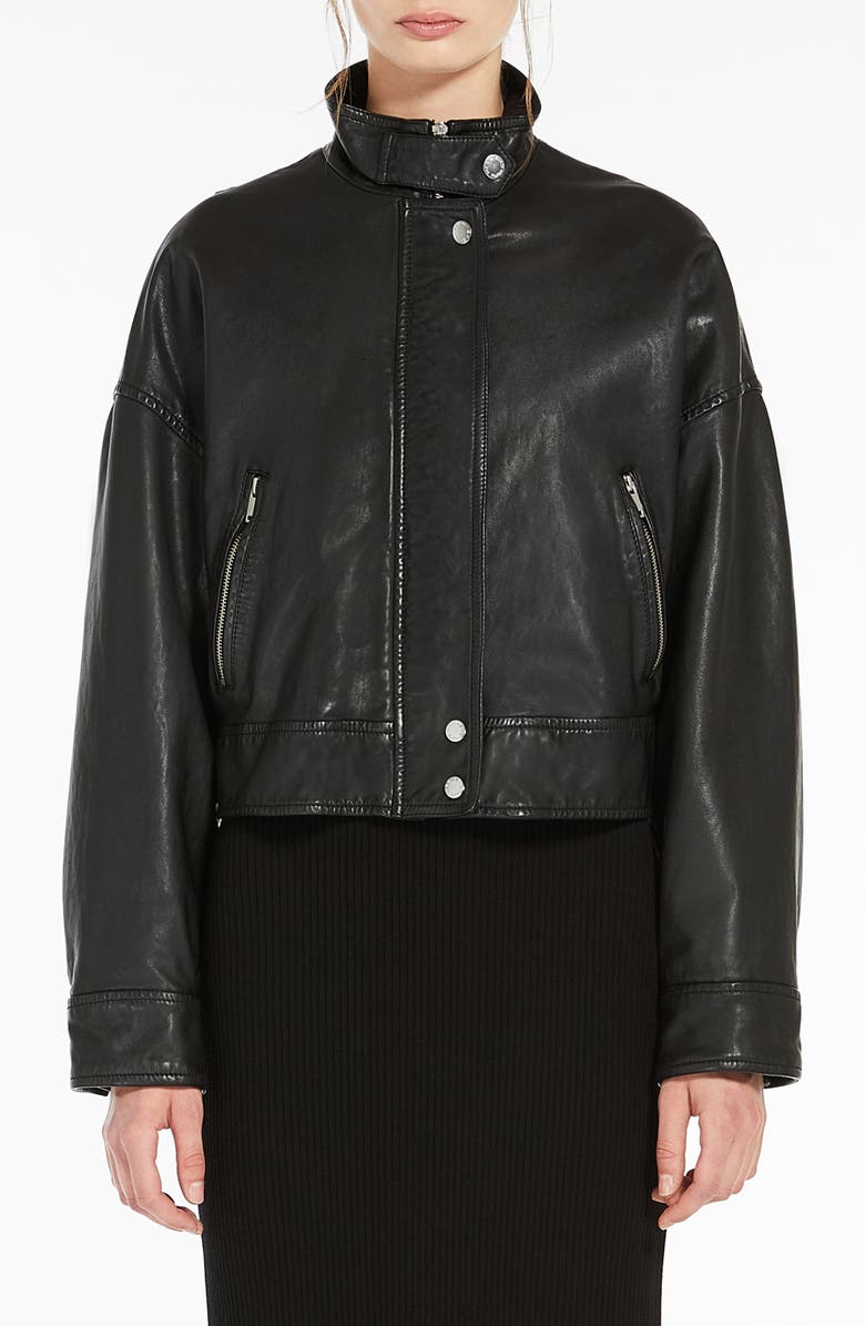 Weekend Max Mara Angel Stand Collar Leather Jacket, Main, color, Black