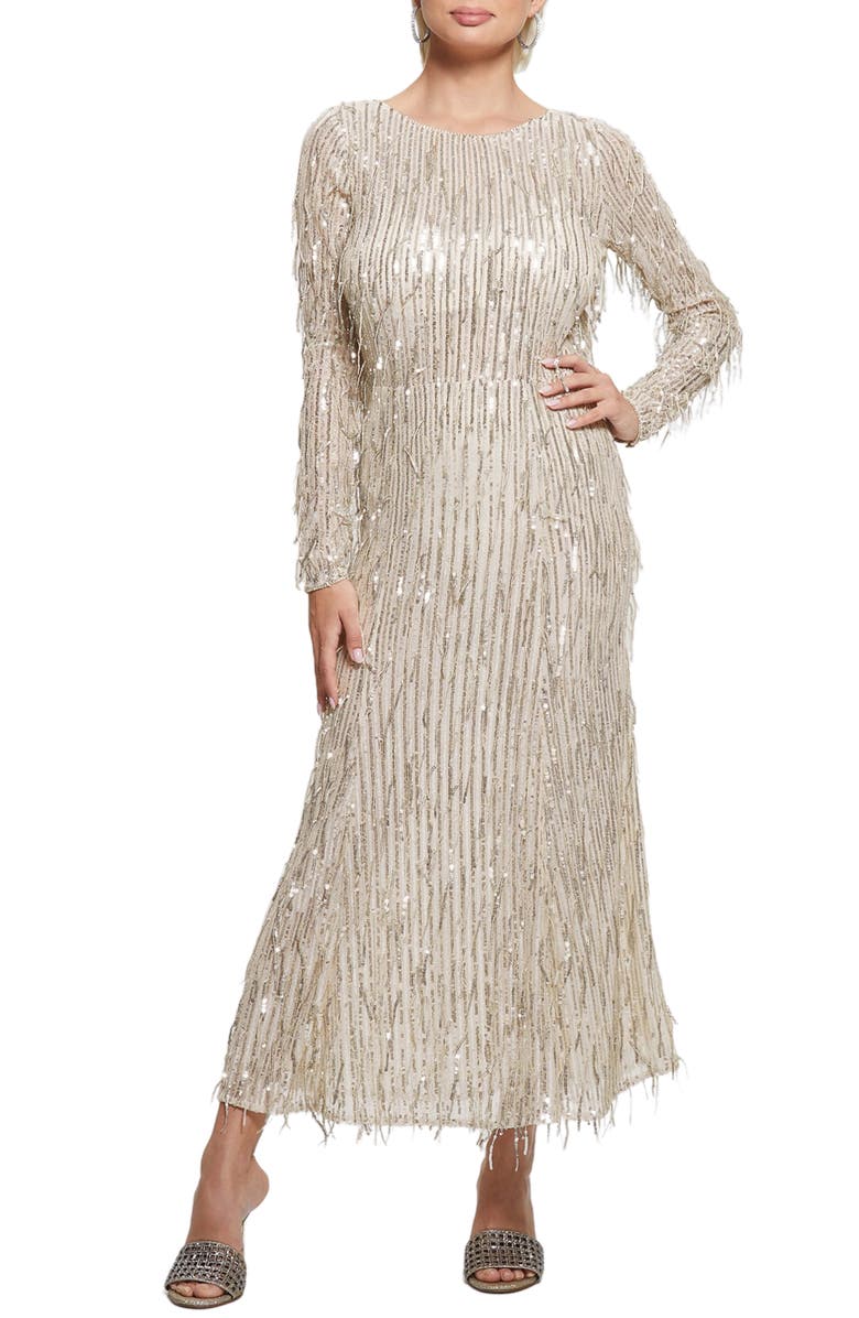 GUESS Elodie Sequin Fringe Long Sleeve Mesh Maxi Dress, Main, color, 